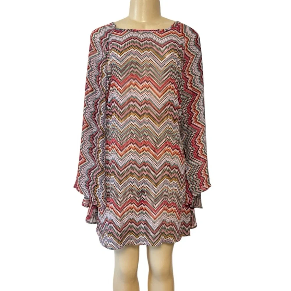 Stella Cruz Pink Multicolored Sheer Chevron Blouse‎ Kimono Flare Sleeve Cover-Up